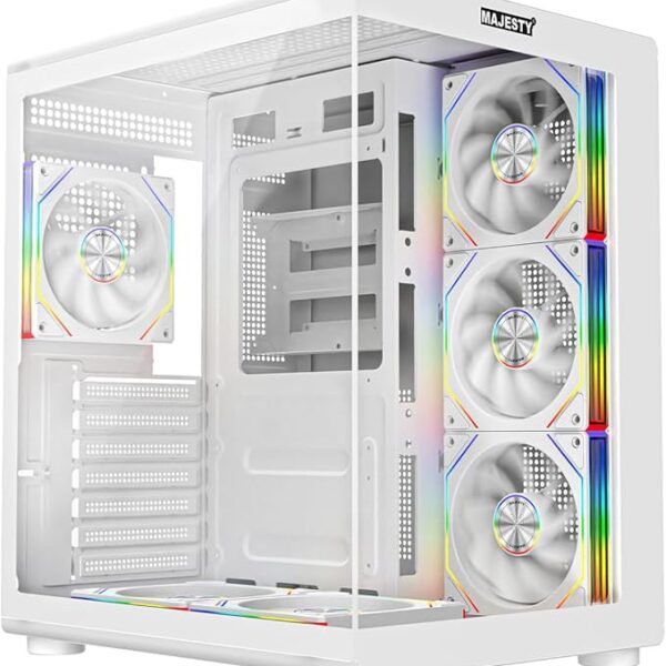 Majesty Lightning Mid Tower PC Case - 6 Pre-Installed Infinity ARGB Fans for Efficient Airflow with Remote - ATX Panel Support - 2x USB Ports (White)